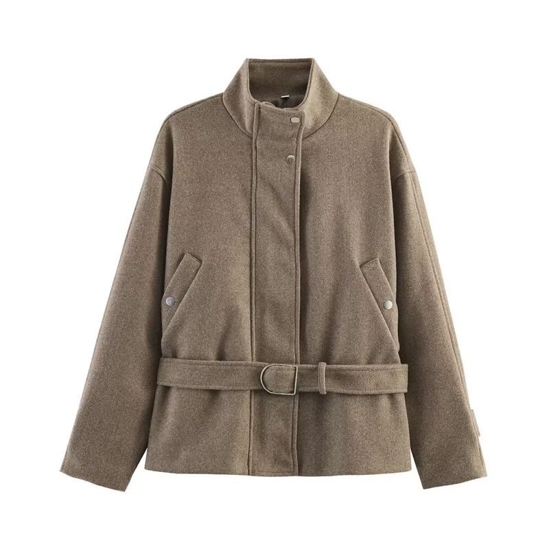 Damen Gekürzte Wollmix-Jacke mit Stehkragen, Taillengürtel und Druckknopfverschluss Drune