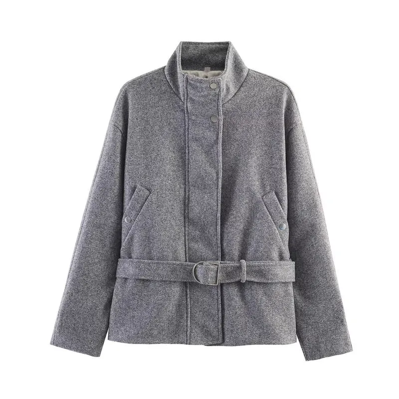 Damen Gekürzte Wollmix-Jacke mit Stehkragen, Taillengürtel und Druckknopfverschluss Drune