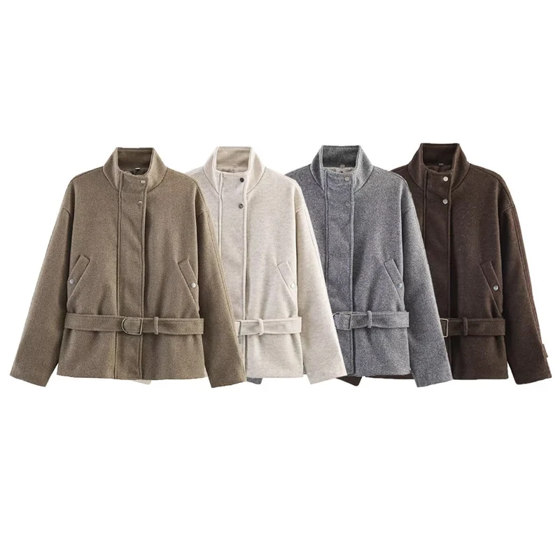 Damen Gekürzte Wollmix-Jacke mit Stehkragen, Taillengürtel und Druckknopfverschluss Drune