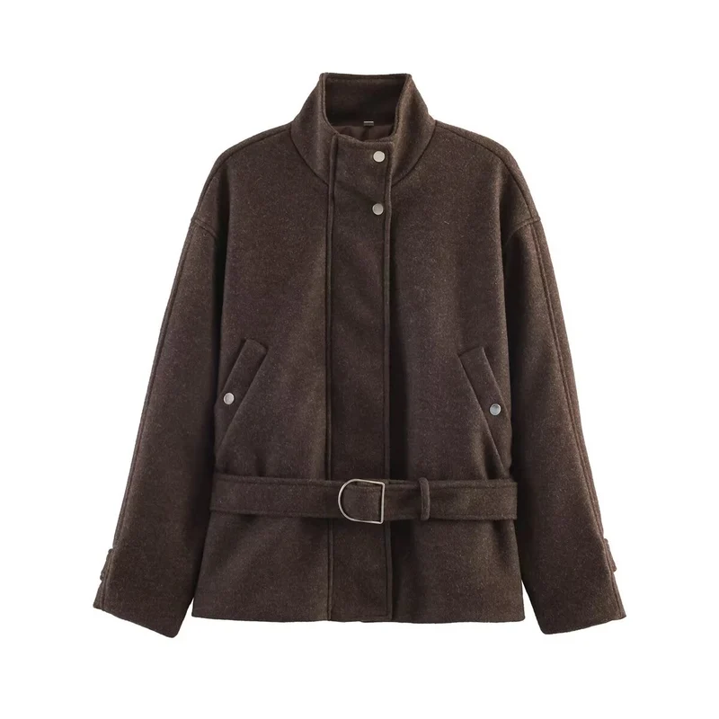 Damen Gekürzte Wollmix-Jacke mit Stehkragen, Taillengürtel und Druckknopfverschluss Drune