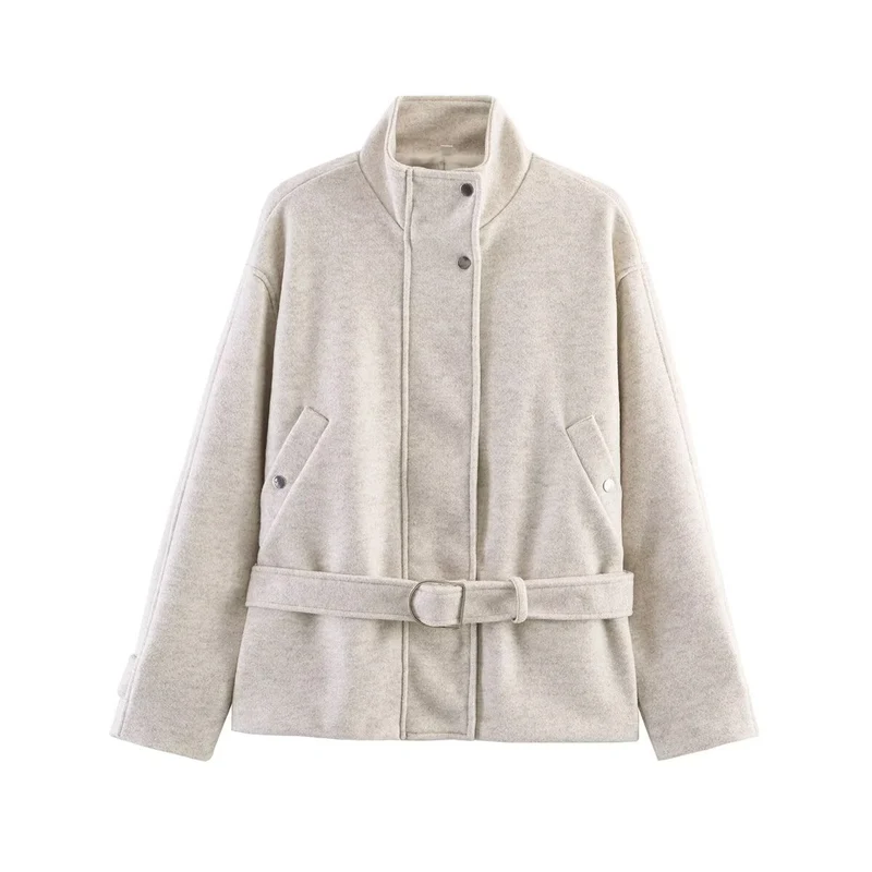 Damen Gekürzte Wollmix-Jacke mit Stehkragen, Taillengürtel und Druckknopfverschluss Drune