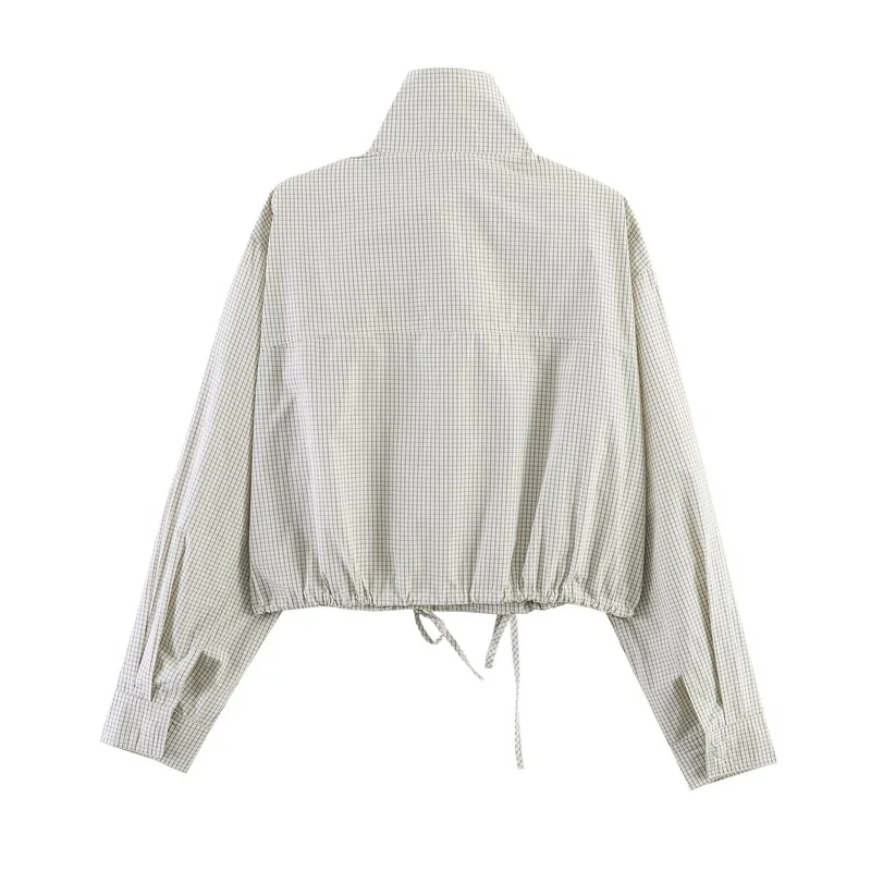 Damen Gekürzte karierte leichte Blousonjacke mit Stehkragen, Tunnelzugsaum und verdeckter Knopfleiste Drune