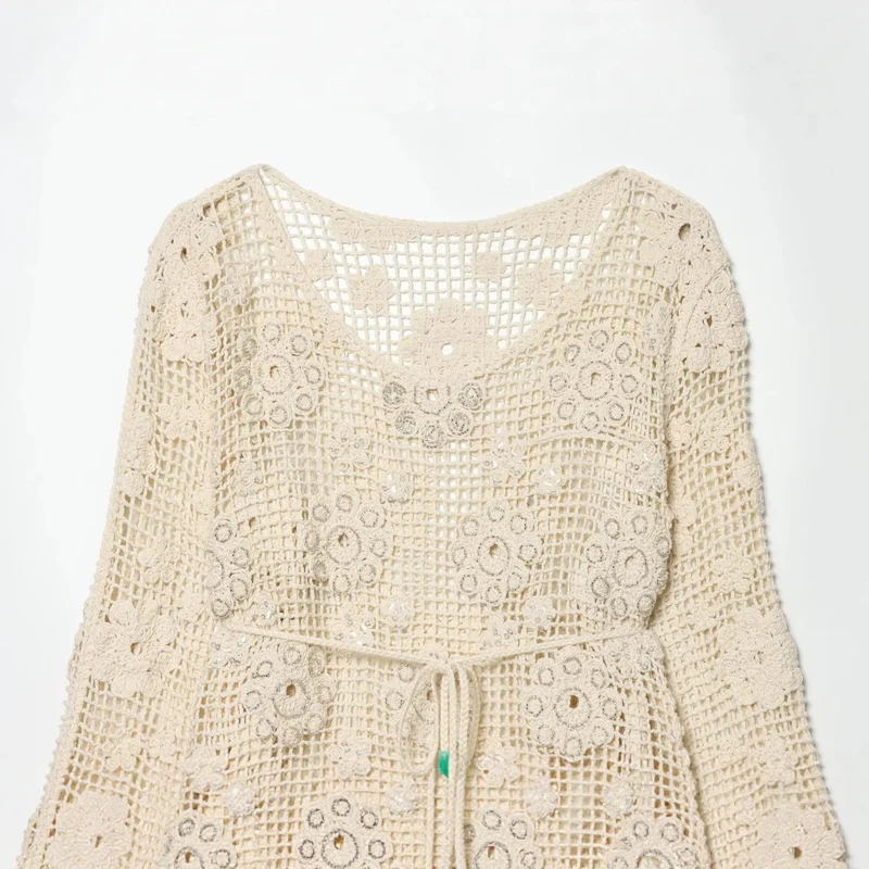 Damen gehäkelter Oversize-Pullover mit Blumen-Openwork und Rundhalsausschnitt Drune