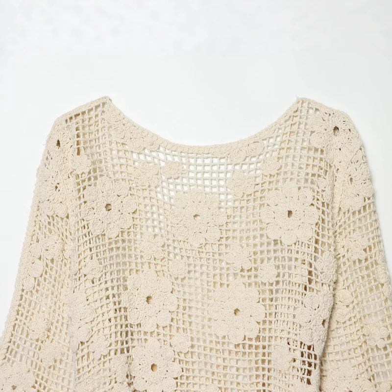 Damen gehäkelter Oversize-Pullover mit Blumen-Openwork und Rundhalsausschnitt Drune