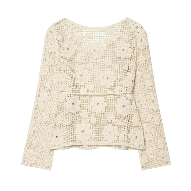 Damen gehäkelter Oversize-Pullover mit Blumen-Openwork und Rundhalsausschnitt Drune