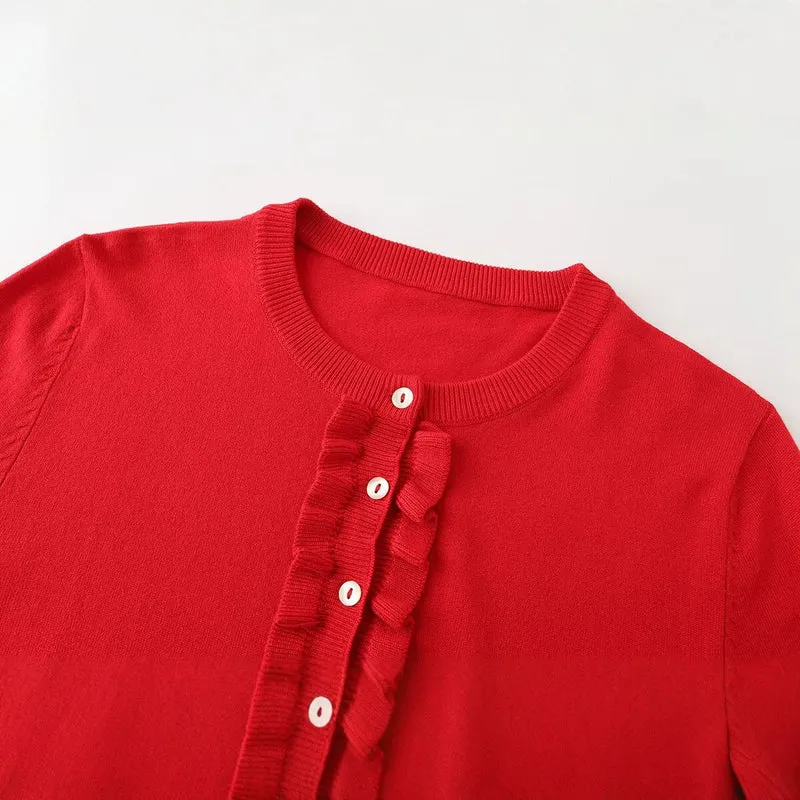 Damen Feinstrick-Cardigan mit Rüschenfront und Volantärmeln Drune