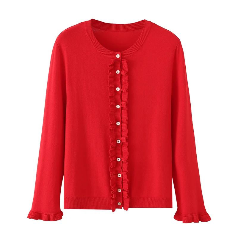 Damen Feinstrick-Cardigan mit Rüschenfront und Volantärmeln Drune