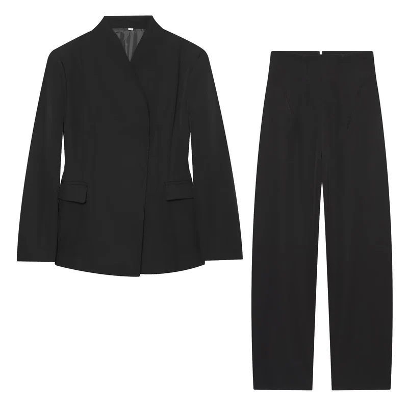 Damen Elegantes zweiteiliges Anzugset mit kastenlosem Blazer und High‑Waist Weitbein‑Hose Drune
