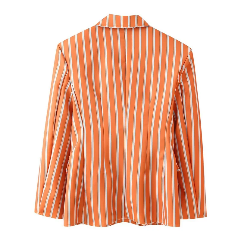 Damen Doppelreihiger Streifenblazer mit markantem Revers und Pattentaschen Drune