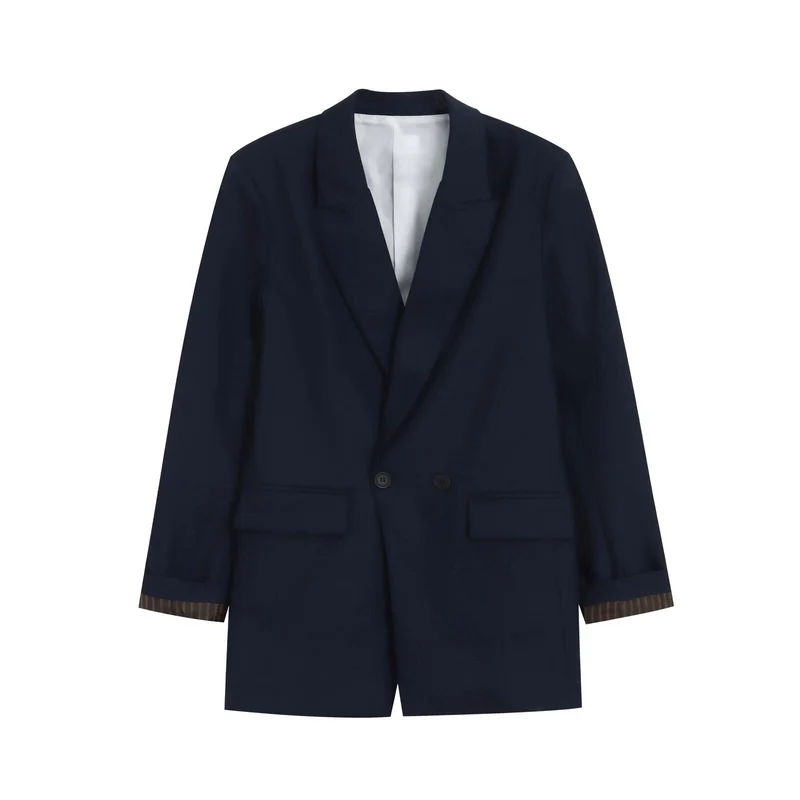 Damen Doppelreihiger Longblazer mit aufgesetzten Taschen und Umschlagärmeln Drune