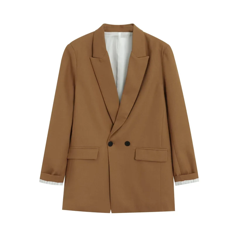 Damen Doppelreihiger Longblazer mit aufgesetzten Taschen und Umschlagärmeln Drune