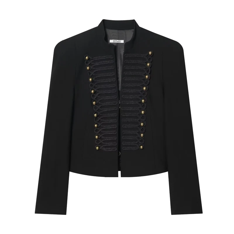 Damen Cropped Military-Blazer mit ornamentaler Kordelverzierung und Stehkragen Drune