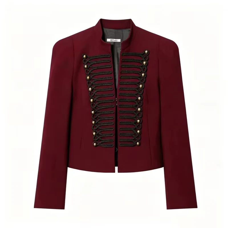 Damen Cropped Military-Blazer mit ornamentaler Kordelverzierung und Stehkragen Drune