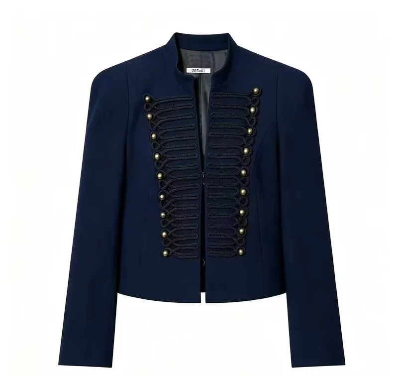 Damen Cropped Military-Blazer mit ornamentaler Kordelverzierung und Stehkragen Drune