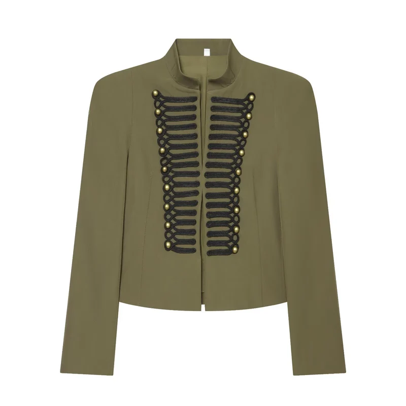 Damen Cropped Military-Blazer mit ornamentaler Kordelverzierung und Stehkragen Drune