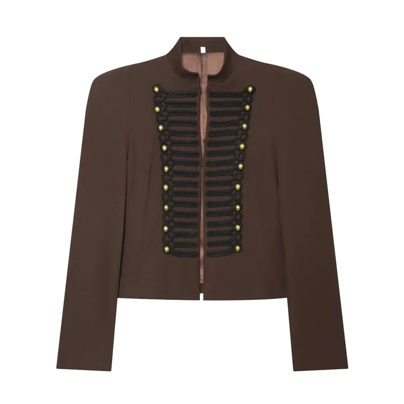 Damen Cropped Military-Blazer mit ornamentaler Kordelverzierung und Stehkragen Drune