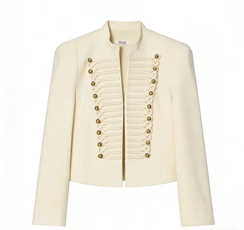 Damen Cropped Military-Blazer mit ornamentaler Kordelverzierung und Stehkragen Drune
