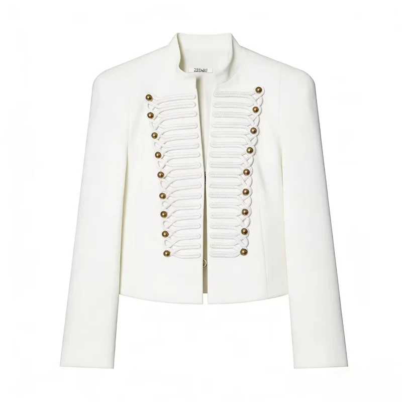 Damen Cropped Military-Blazer mit ornamentaler Kordelverzierung und Stehkragen Drune