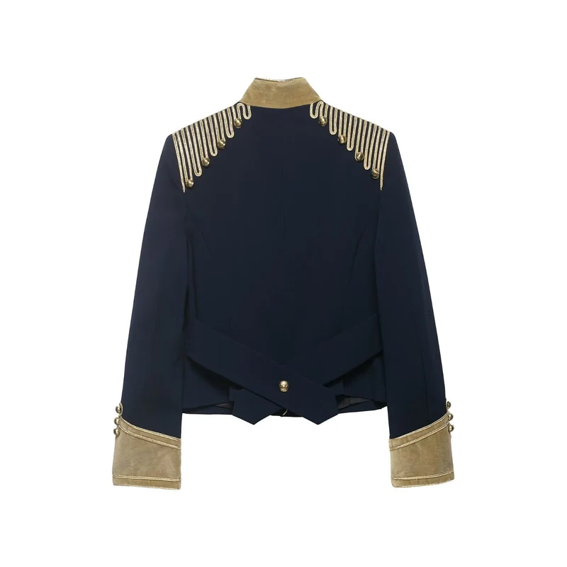 Damen Cropped Militärjacke im Parade‑Look mit goldener Kordelverzierung und Samtmanschetten Drune