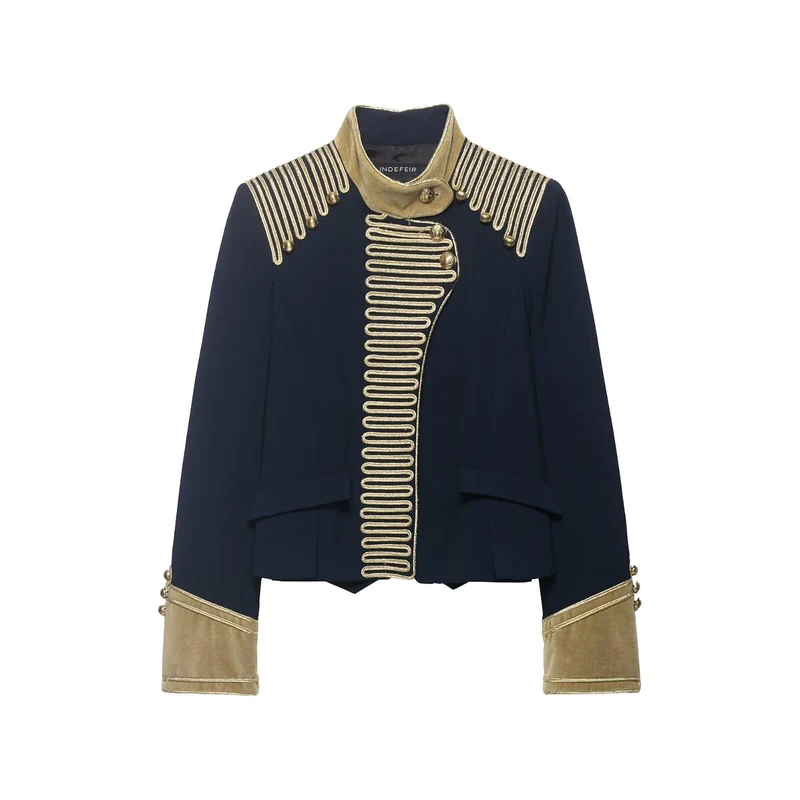 Damen Cropped Militärjacke im Parade‑Look mit goldener Kordelverzierung und Samtmanschetten Drune