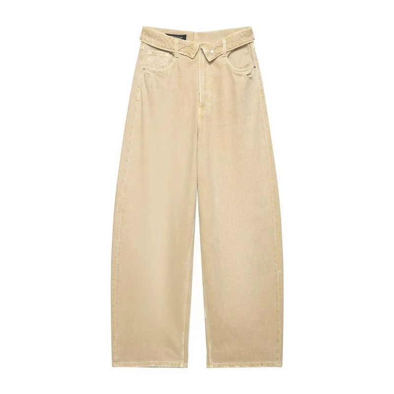 Damen Cropped-Jeans mit weitem Bein, hoher Taille und Used-Waschung Drune