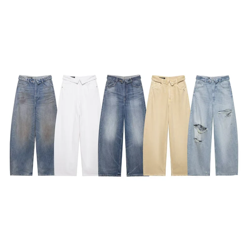 Damen Cropped-Jeans mit weitem Bein, hoher Taille und Used-Waschung Drune