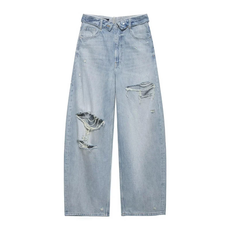Damen Cropped-Jeans mit weitem Bein, hoher Taille und Used-Waschung Drune