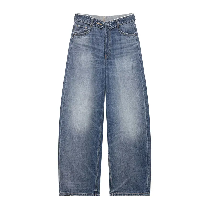 Damen Cropped-Jeans mit weitem Bein, hoher Taille und Used-Waschung Drune