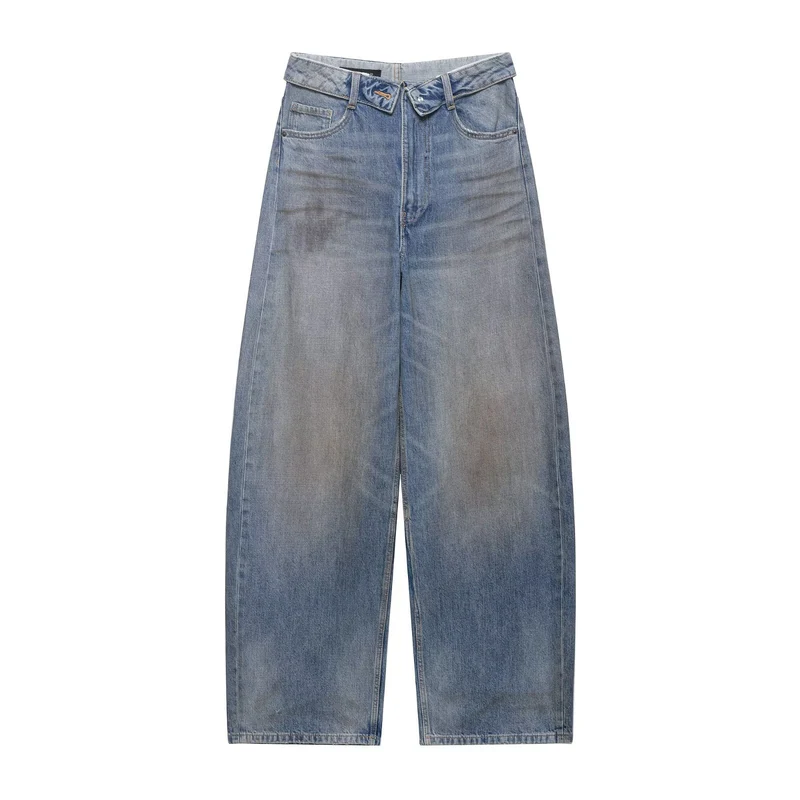 Damen Cropped-Jeans mit weitem Bein, hoher Taille und Used-Waschung Drune