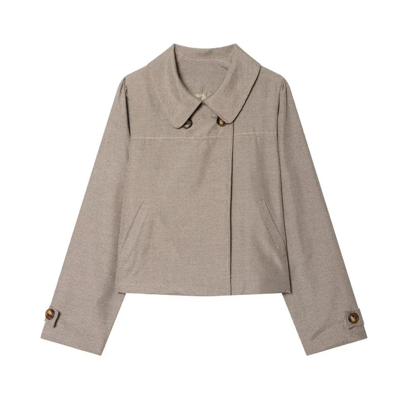 Damen Cropped-Jacke im Glencheck mit rundem Kragen und verdeckter Knopfleiste Drune