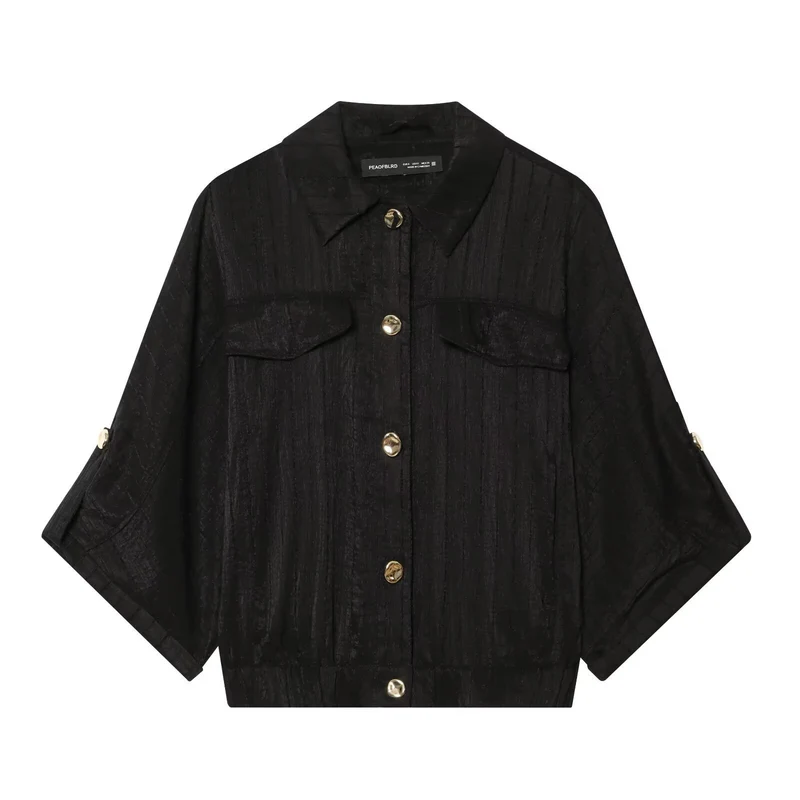 Damen Cropped-Hemdenbluse mit Fledermausärmeln, Brusttaschen und elastischem Taillenbund Drune