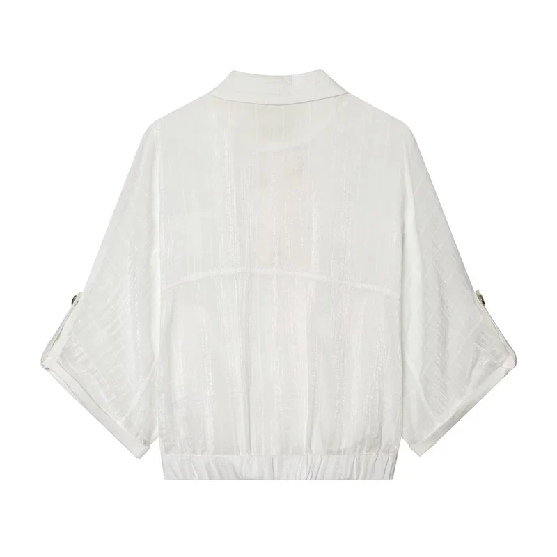 Damen Cropped-Hemdenbluse mit Fledermausärmeln, Brusttaschen und elastischem Taillenbund Drune