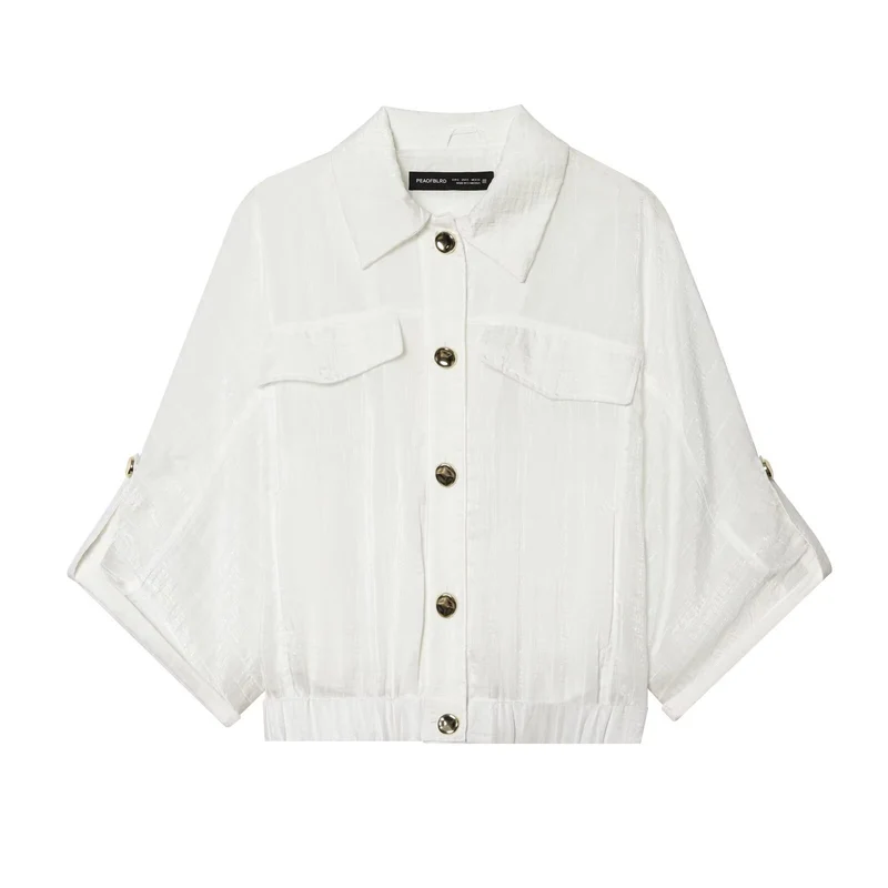 Damen Cropped-Hemdenbluse mit Fledermausärmeln, Brusttaschen und elastischem Taillenbund Drune