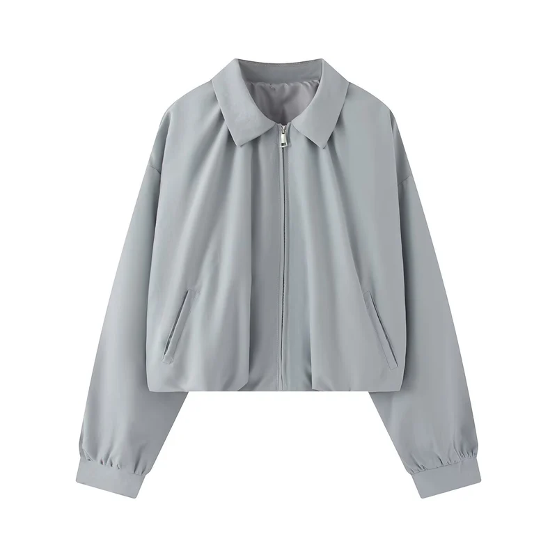 Damen Cropped-Boxy-Jacke im Oversize‑Look mit Hemdkragen, Reißverschluss und elastischen Bündchen Drune
