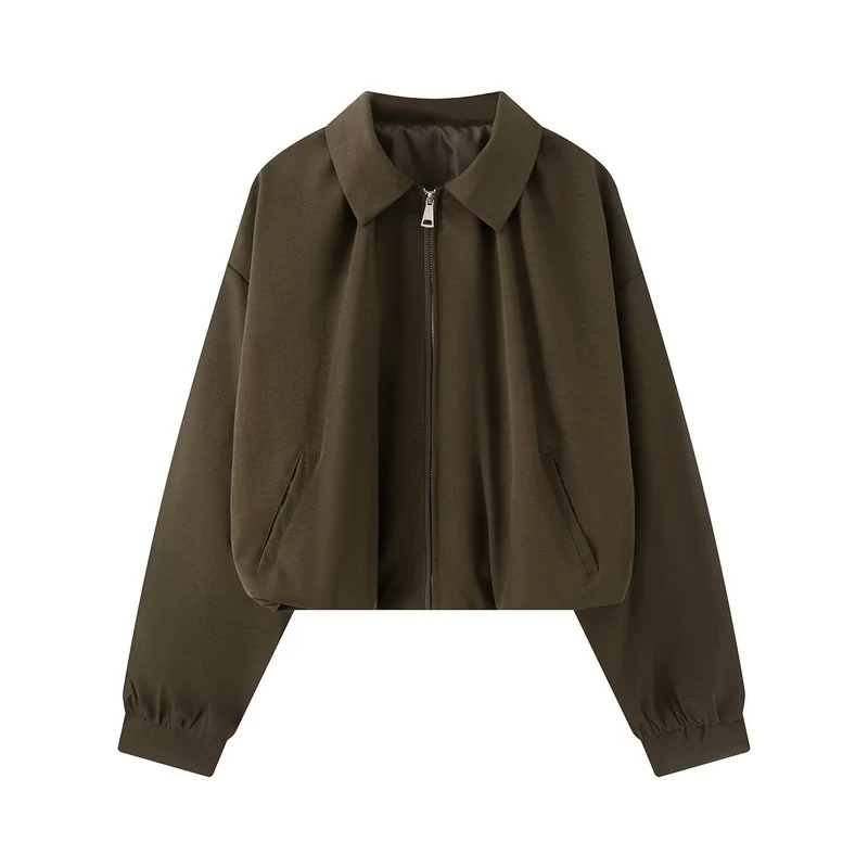 Damen Cropped-Boxy-Jacke im Oversize‑Look mit Hemdkragen, Reißverschluss und elastischen Bündchen Drune