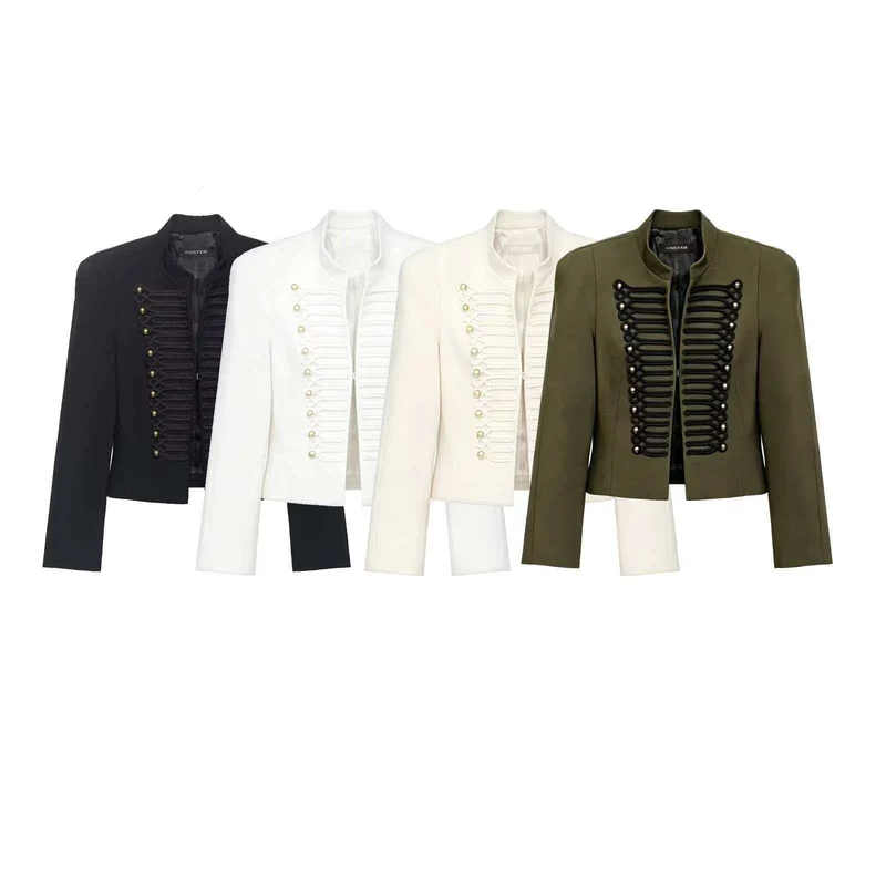 Damen Cropped Blazer im Husarenstil mit Stehkragen, Zierkordeln und Messingknöpfen Drune