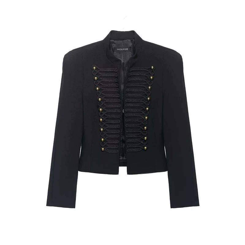 Damen Cropped Blazer im Husarenstil mit Stehkragen, Zierkordeln und Messingknöpfen Drune