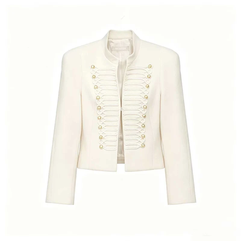 Damen Cropped Blazer im Husarenstil mit Stehkragen, Zierkordeln und Messingknöpfen Drune