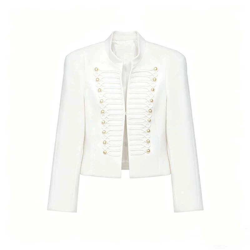 Damen Cropped Blazer im Husarenstil mit Stehkragen, Zierkordeln und Messingknöpfen Drune