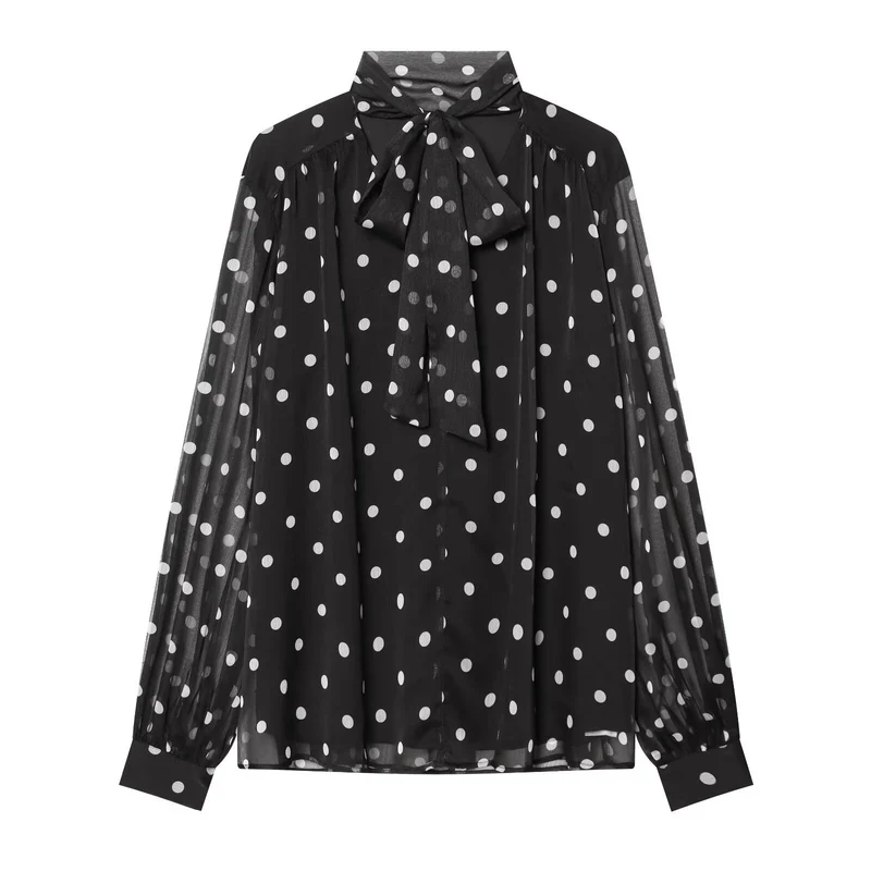 Damen Chiffonbluse mit Polka-Dot, Schleifenbindekragen und transparenten Ballonärmeln Drune