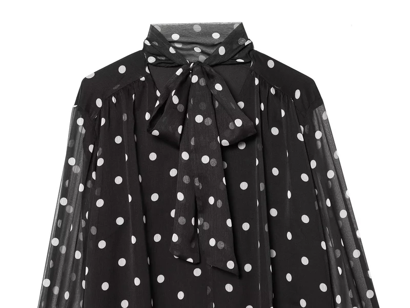 Damen Chiffonbluse mit Polka-Dot, Schleifenbindekragen und transparenten Ballonärmeln Drune