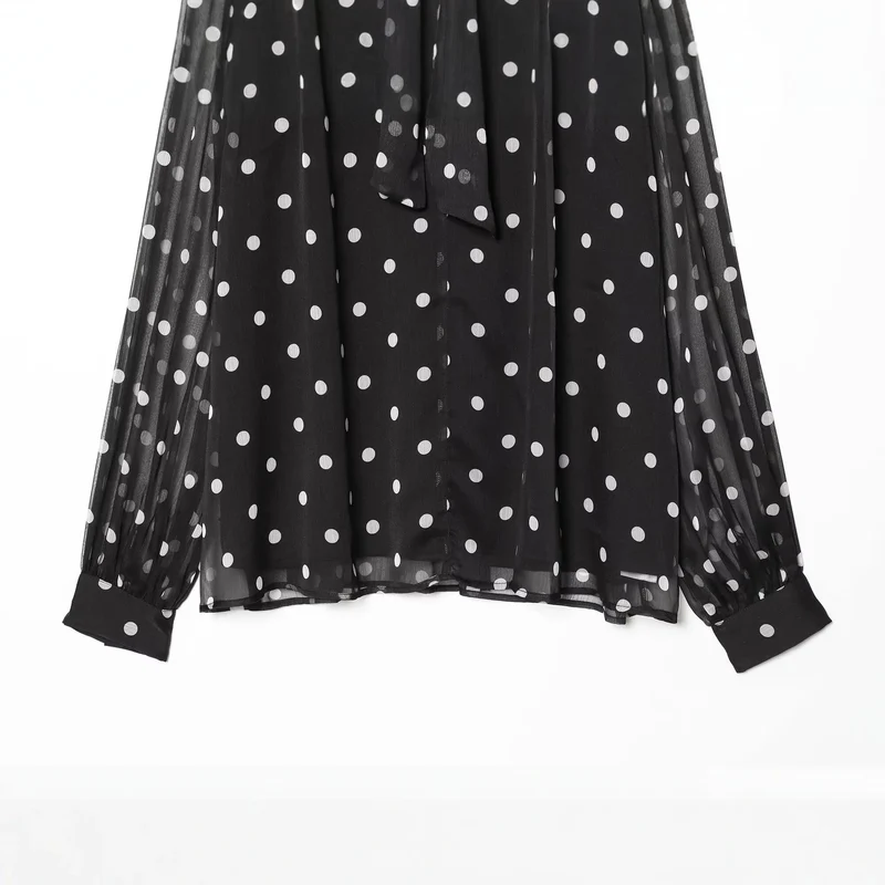 Damen Chiffonbluse mit Polka-Dot, Schleifenbindekragen und transparenten Ballonärmeln Drune