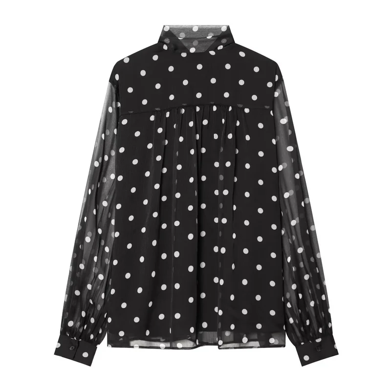 Damen Chiffonbluse mit Polka-Dot, Schleifenbindekragen und transparenten Ballonärmeln Drune