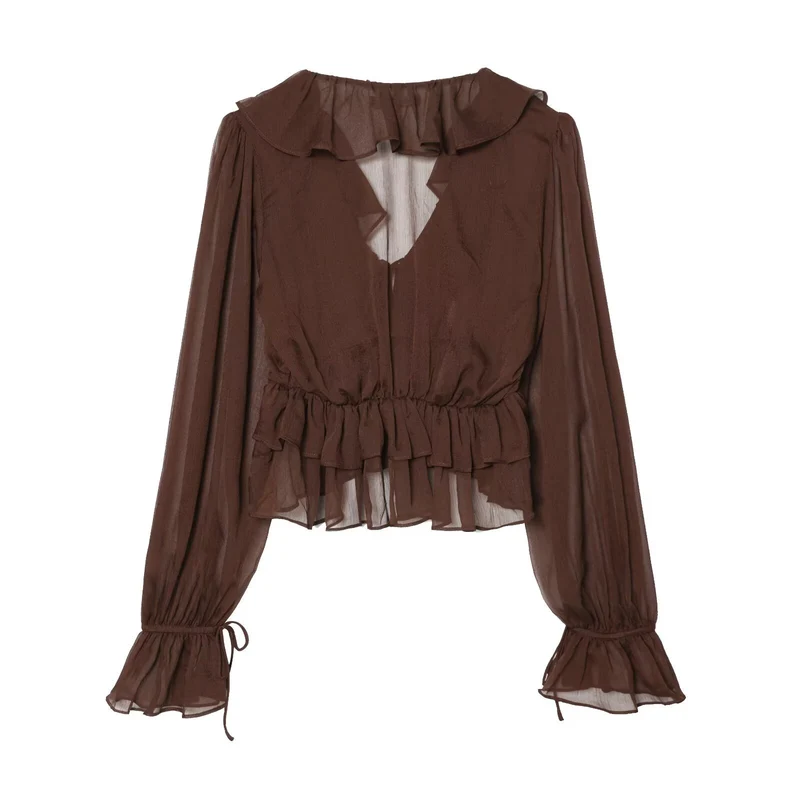 Damen Chiffon-Croppedbluse mit Rüschenvolant, Bindeband und Ballonärmeln Drune