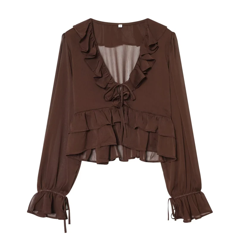 Damen Chiffon-Croppedbluse mit Rüschenvolant, Bindeband und Ballonärmeln Drune