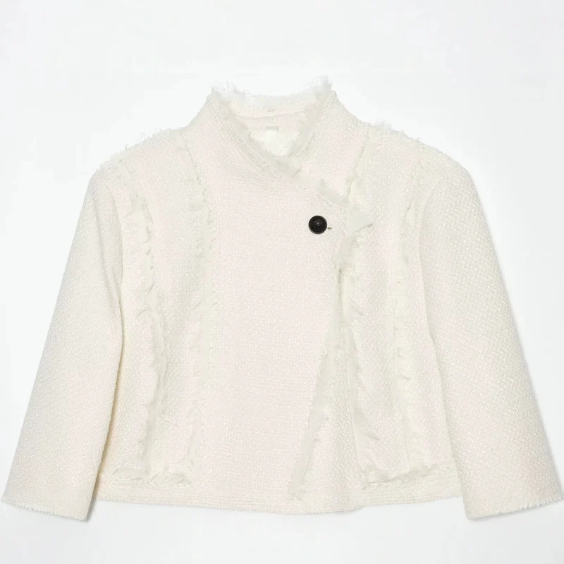 Damen Bouclé-Shortjacke mit Fransenbesatz und asymmetrischem Ein-Knopf-Verschluss Drune