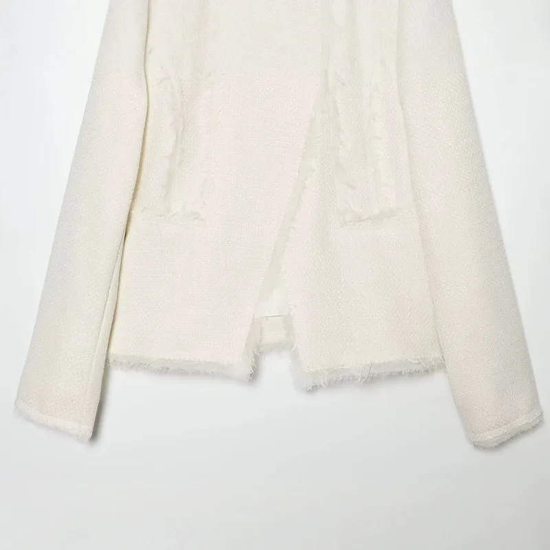 Damen Bouclé-Shortjacke mit Fransenbesatz und asymmetrischem Ein-Knopf-Verschluss Drune