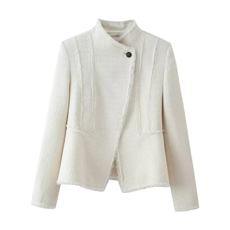 Damen Bouclé-Blazer mit Stehkragen, taillierter Silhouette und Fransenbesatz Drune