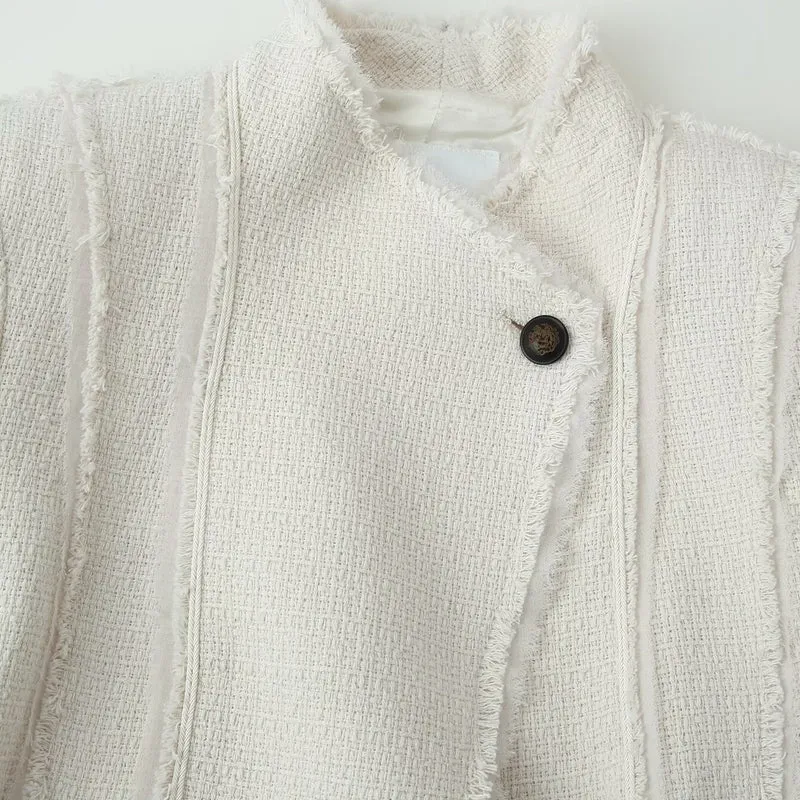 Damen Bouclé-Blazer mit Stehkragen, taillierter Silhouette und Fransenbesatz Drune