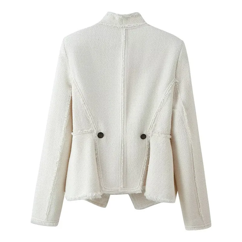 Damen Bouclé-Blazer mit Stehkragen, taillierter Silhouette und Fransenbesatz Drune